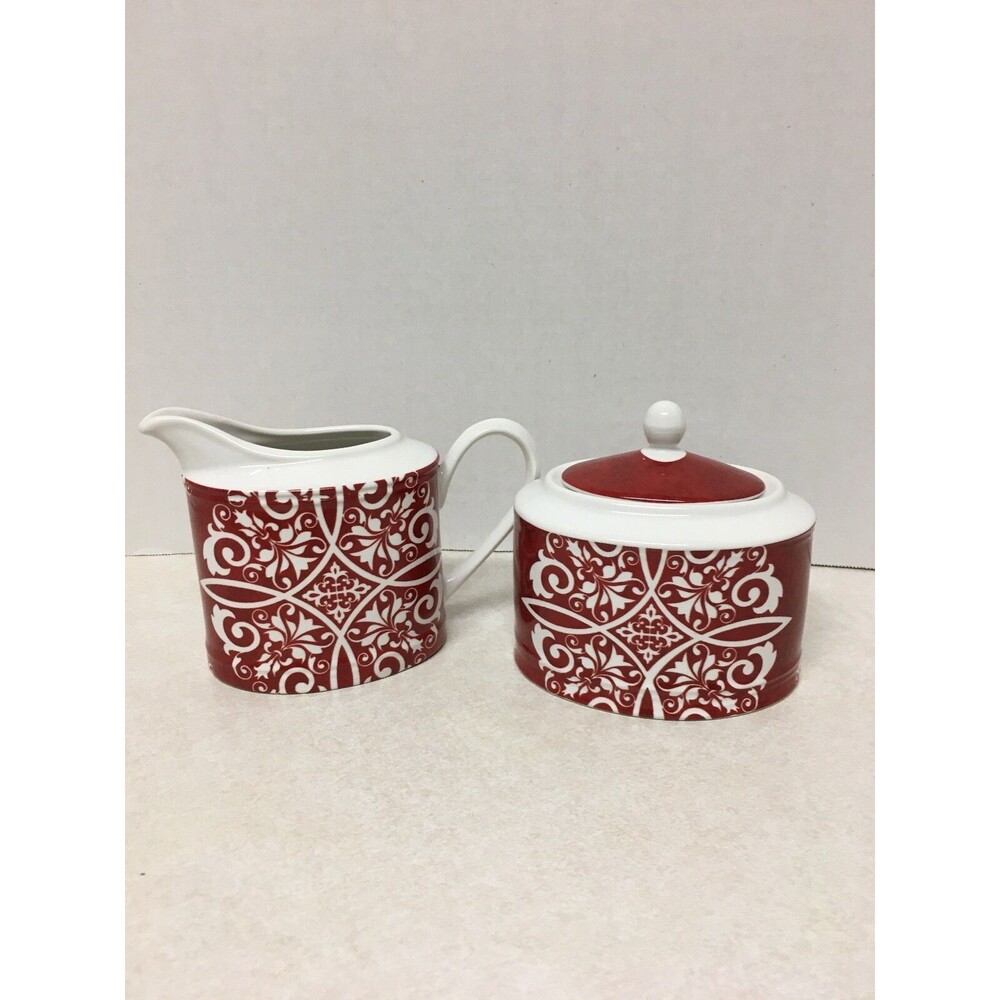 Noble Excellence Moroccan Red Ceramic Creamer And Sugar 2 Pc.Set Red And White